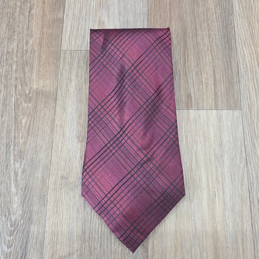 Courage Mens Silk Tie Burgundy Black Plaid Hand Sewn Neckwear 59 Inch Length